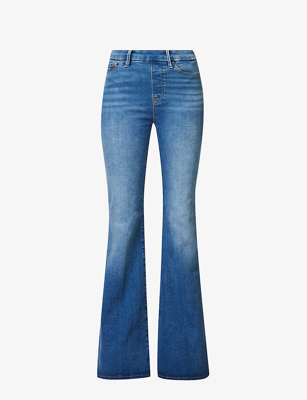 Good American Womens Indigo490 Pull On Faded-wash Flared-leg High-rise Stretch-denim Jeans