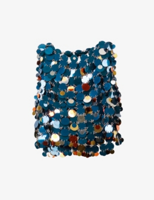 Rabanne Sequin Chain Link Sleeveless Top In Navy Bright Orange Sil