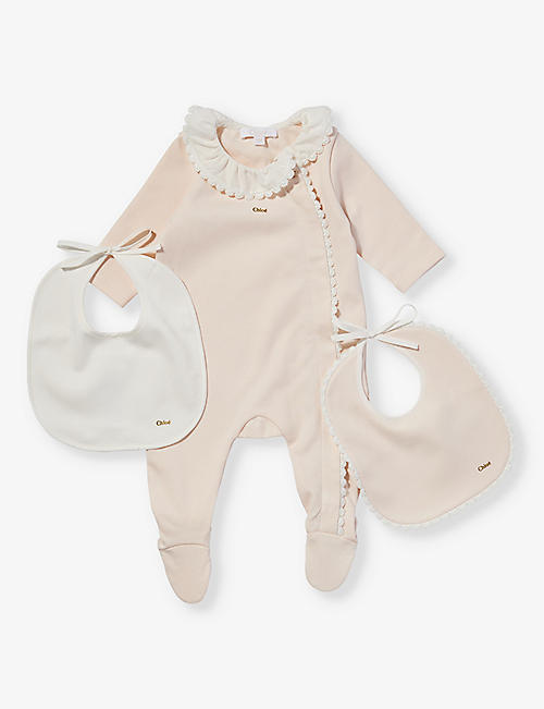 CHLOE: Floral-embroidered cotton three-piece gift set 1-9 months