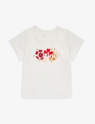 CHLOÉ CHLOE OFFWHITE FLORAL LOGO-EMBROIDERED COTTON-JERSEY T-SHIRT 4-14 YEARS,67686194