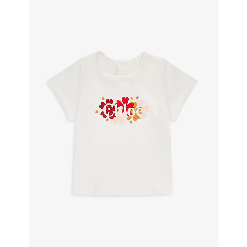 Chloé Babies' Chloe Offwhite Floral Logo-embroidered Cotton-jersey T-shirt 4-14 Years In White