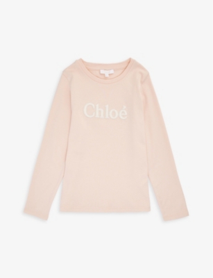 CHLOÉ CHLOE GIRLS PINK WASHED PINK KIDS LOGO-EMBROIDERED LONG-SLEEVED COTTON-JERSEY T-SHIRT 4-14 YEARS,67687276