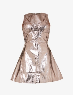 Amy Lynn Womens Gunmetal Metallic Round-neck Faux-leather Mini Dress In Brown