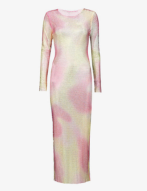 AMY LYNN: Rhinestone-embellished semi-sheer chainmail midi dress