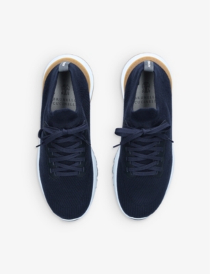 Shop Brunello Cucinelli Men's Vy Pulltab Brand-embossed Knitted Low-top Trainers In Navy