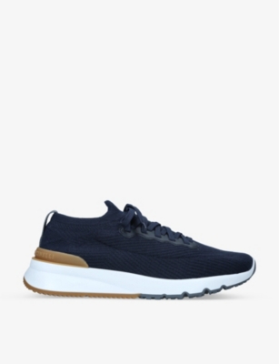 Shop Brunello Cucinelli Men's Navy Pulltab Brand-embossed Knitted Low-top Trainers