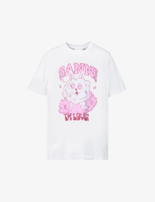 GANNI GANNI WOMENS BRIGHT WHITE LOVE BUNNY GRAPHIC-PRINT BOXY-FIT ORGANIC COTTON-JERSEY T-SHIRT,67705970