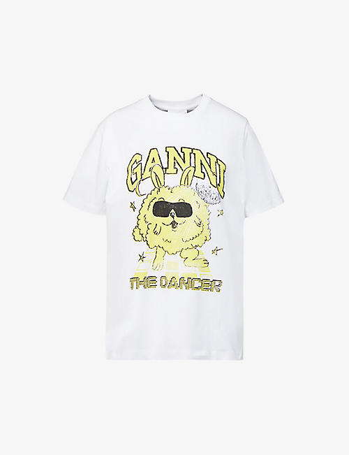 GANNI：Dance Bunny 图案印花有机棉平纹针织 T 恤