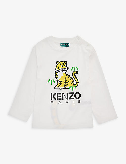 KENZO：图案徽标印花长袖平纹针织棉 T 恤 6 个月 - 4 岁