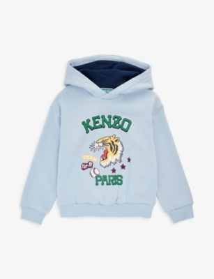 KENZO KENZO BOYS PALE BLUE KIDS LOGO AND TIGER-PRINT COTTON-BLEND HOODY 4-12 YEARS,67709121