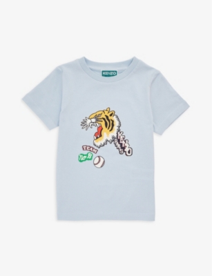 KENZO KENZO BOYS PALE BLUE KIDS GRAPHIC LOGO-PRINT SHORT-SLEEVED COTTON-JERSEY T-SHIRT 4-12 YEARS,67709336