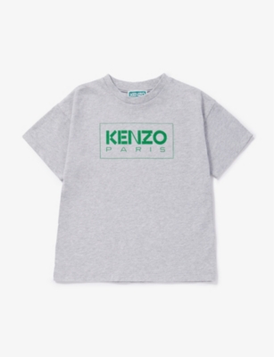 KENZO KENZO BOYS GREY MARL KIDS LOGO-PRINT CREWNECK COTTON-JERSEY T-SHIRT 4-12 YEARS,67709398