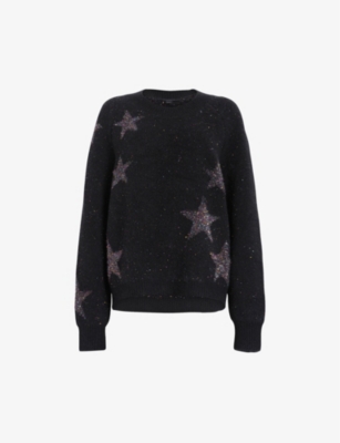 ALLSAINTS ALLSAINTS WOMEN'S BLACK/RAINBOW STAR STAR-MOTIF RELAXED-FIT WOOL AND ALPACA-BLEND JUMPER