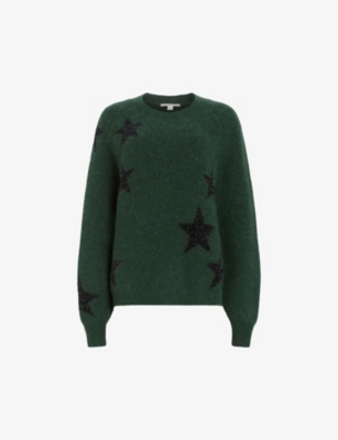 Allsaints Star Star-motif Relaxed-fit Wool And Alpaca-blend Jumper In Green/black