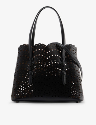 Alaïa Mina Wave 25 Laser-cut Leather Tote Bag In 999-noir