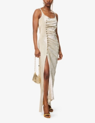 Rabanne Scoop-neck Ruched Stretch-woven Maxi Dress In Silver Gold