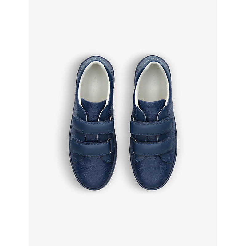 Shop Gucci Boys Navy Kids New Ace Embossed Leather Trainers 5-10 Years