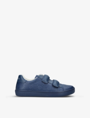 Gucci Boys Navy Kids New Ace Embossed Leather Trainers 5-10 Years