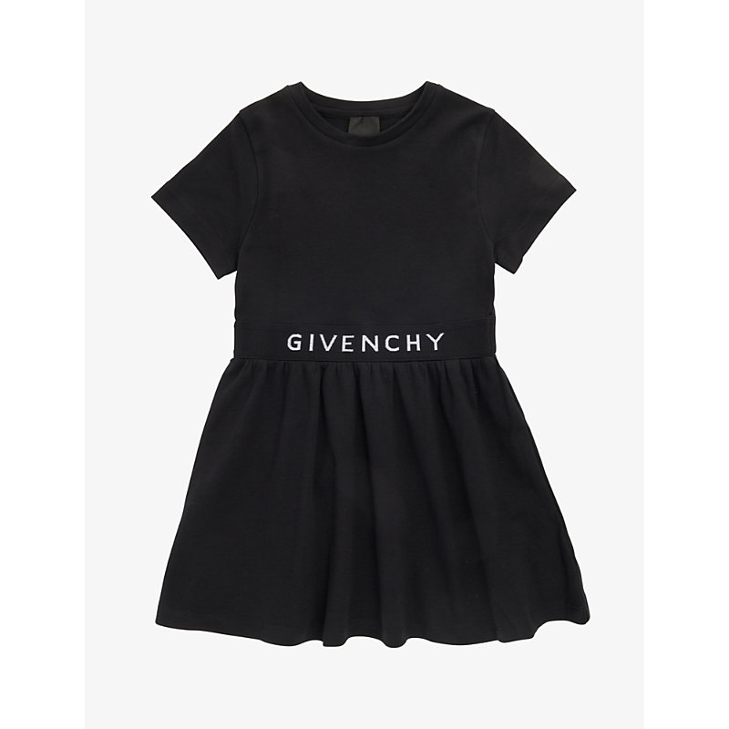 Givenchy Girls Black Kids Branded-waistband Flared-skirt Cotton-jersey Blend Dress 4-12 Years