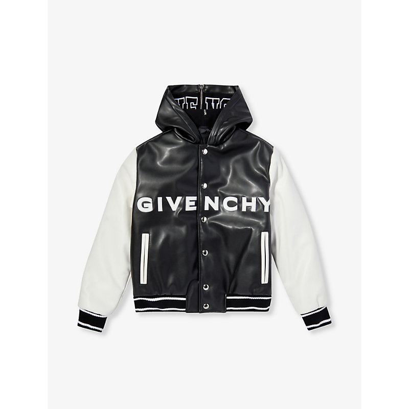 Givenchy Boys Black White Kids Brand-appliqué Faux-leather Bomber Jacket 10-12 Years In Black  White