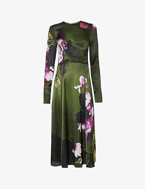 ERDEM: Floral-pattern long-sleeved satin midi dress
