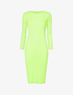 Issey Miyake Pleats Please Womens Neon Green September Pleated Knitted Midi  Dress | ModeSens