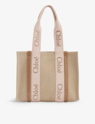 CHLOE: Woody medium linen and leather tote bag