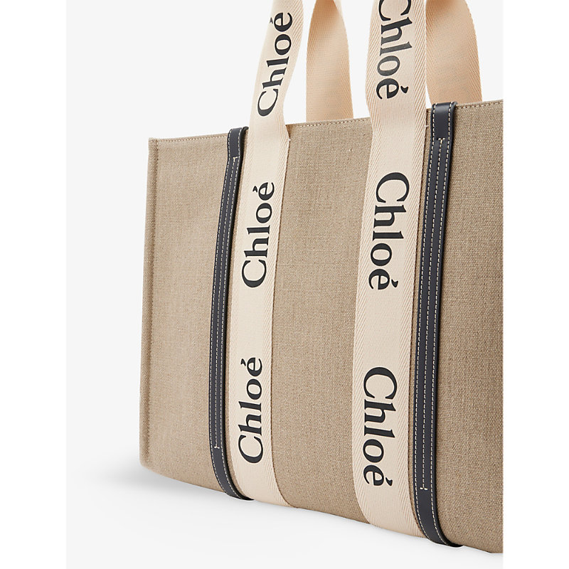 Shop Chloé Woody Large Linen Tote Bag In White - Blue 1