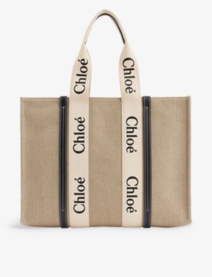 CHLOE: Woody large linen tote bag