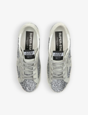 Shop Golden Goose Women's Silver Super Star Suede-star Glitter-embellished Trainers