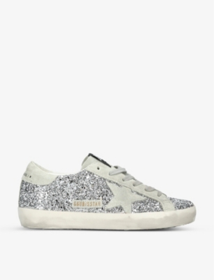 Shop Golden Goose Womens Silver Super Star Suede-star Glitter-embellished Trainers