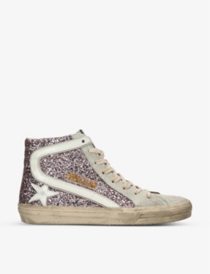 GOLDEN GOOSE: Slide glitter-embellished suede high-top trainers