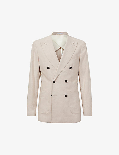 REISS: Craft double-breasted regular-fit check linen and cotton-blend blazer