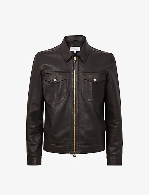 REISS: Carp patch-pocket leather jacket