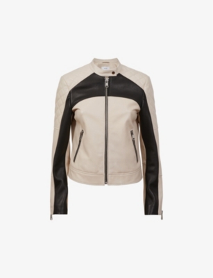 REISS REISS WOMEN'S BLACK/NEUTRAL ADELAIDE QUILTED LEATHER JACKET