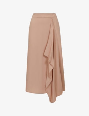 Reiss Camel High Rise Ruffle Midi Skirt In Brown
