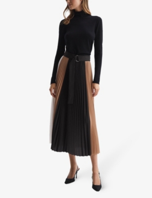 Shop Reiss Ava Block-print Pleated Woven Maxi Skirt In Multi-coloured