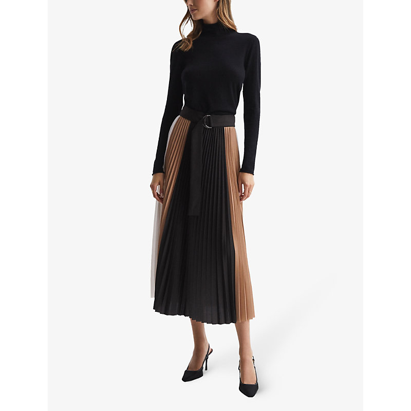 Shop Reiss Women's Black/camel Ava Block-print Pleated Woven Maxi Skirt In Multi-coloured