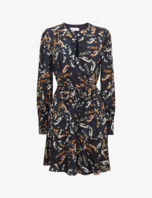 Reiss Black Hayley Printed Long Sleeve Midi Dress