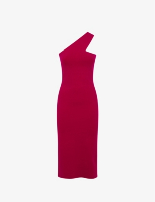 Reiss Pink Knitted One Shoulder Bodycon Midi Dress In Pink
