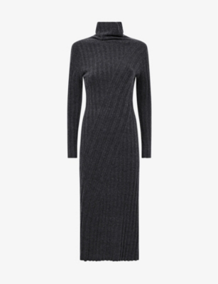 Reiss Womens Charcoal Cady Roll-neck Knitted Midi Dress