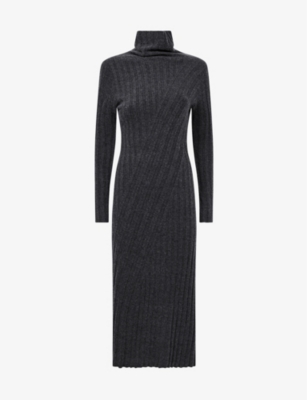 Reiss Cady Long Sleeve Mixed Rib Midi Sweater Dress In Charcoal