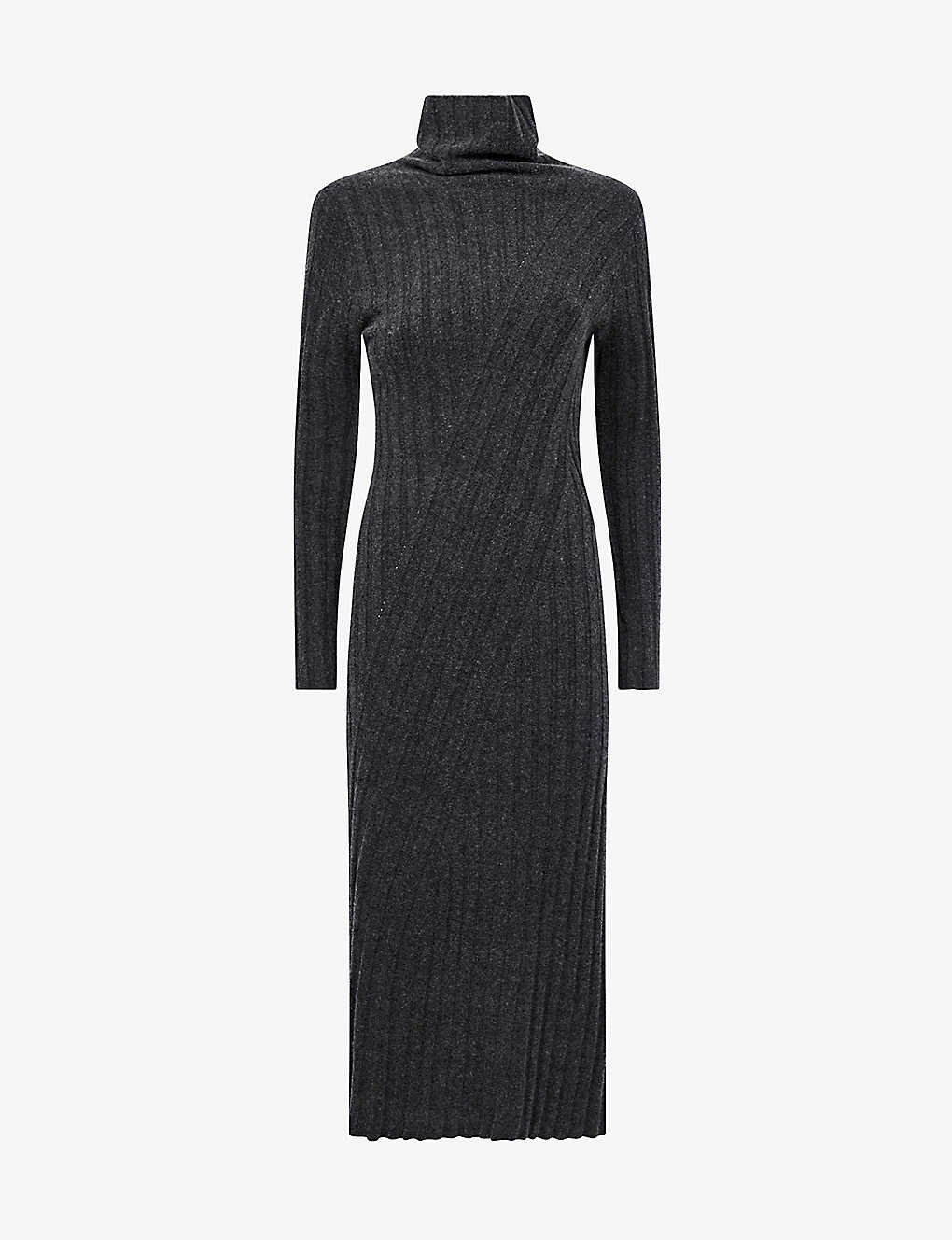 Reiss Womens Charcoal Cady Roll-neck Knitted Midi Dress