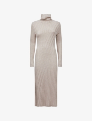 Shop Reiss Women's Neutral Cady Roll-neck Knitted Midi Dress In Brown