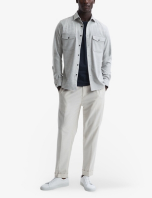 Shop Reiss Men's Grey Melange Chaser Twin-pocket Brushed Stretch-woven Overshirt