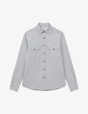 Shop Reiss Men's Grey Melange Chaser Twin-pocket Brushed Stretch-woven Overshirt