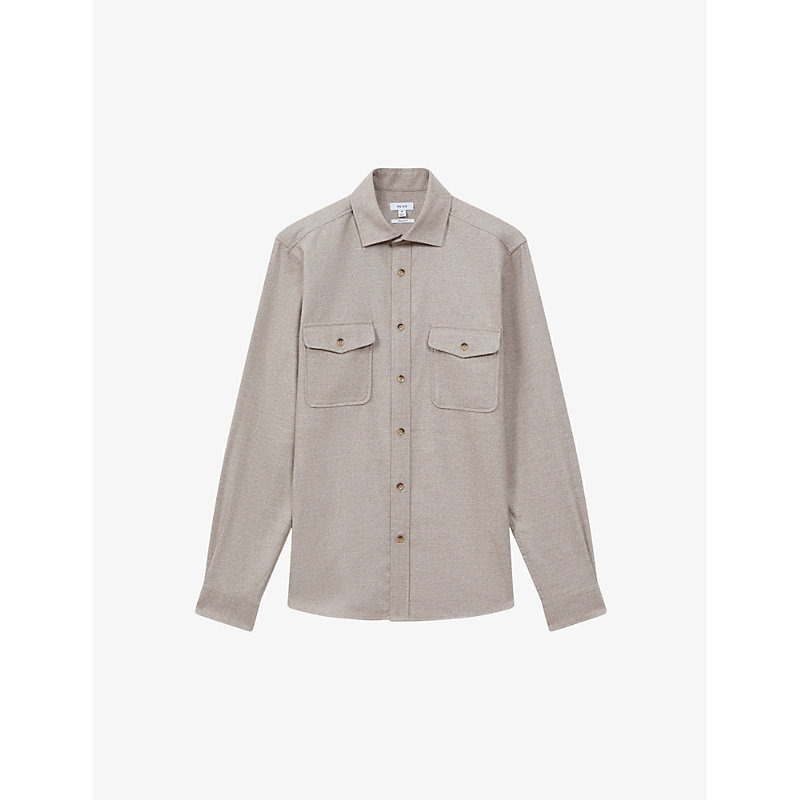 Shop Reiss Mens Wheat Melange Chaser Twin-pocket Brushed Stretch-woven Overshirt