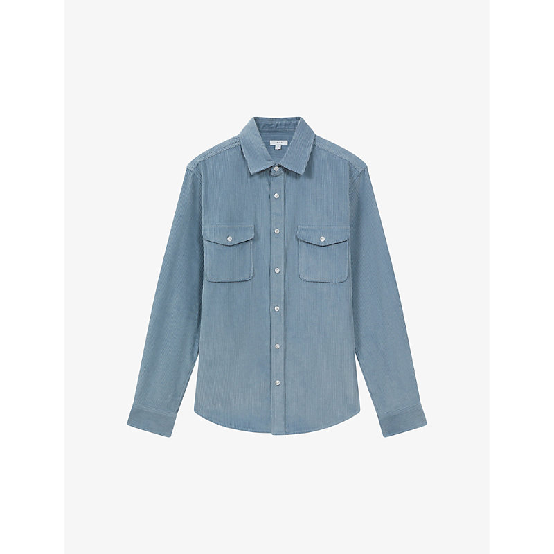 Shop Reiss Mens Ashley Blue Bonucci Twin-pocket Corduroy-cotton Overshirt