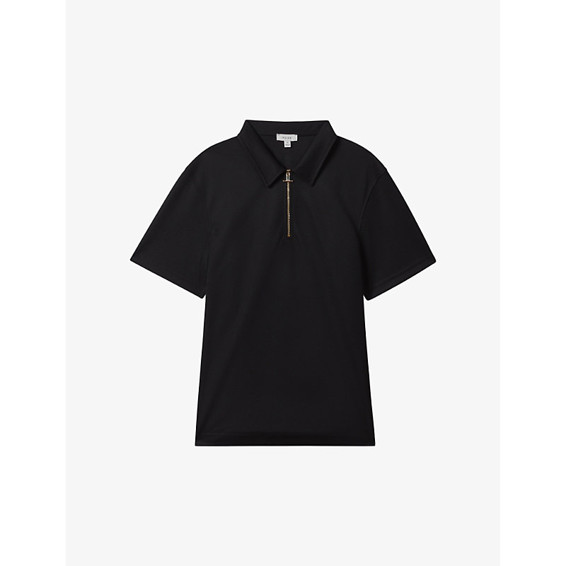 Shop Reiss Men's Black Floyd Half Zip-fastened Knitted Polo Shirt