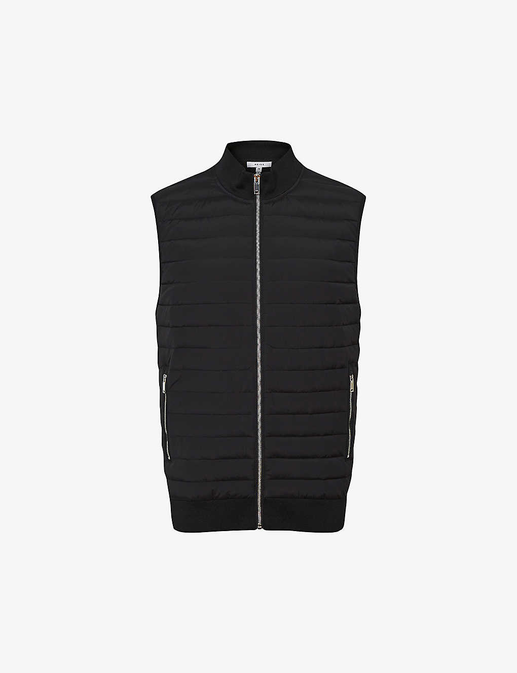 Reiss Mens Black Pluto Quilted High-neck Cotton-blend Gilet